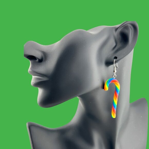 Rainbow Candy Cane Earrings Surgical Steel Ear Wires - Picture 2 of 5